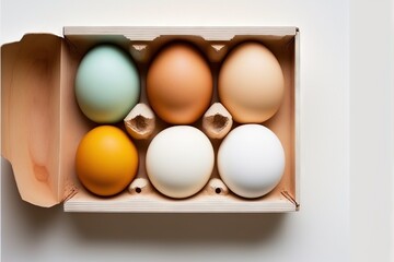 a box of eggs with different colored eggs inside of it on a white surface with a white wall in the background and a white wall in the background with a white border and a white border.