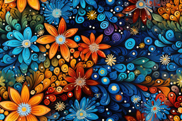 Nahtlos wiederholendes Muster - Textur eines bunten abstrakten floralen Musters - naive malerei - obrazy, fototapety, plakaty