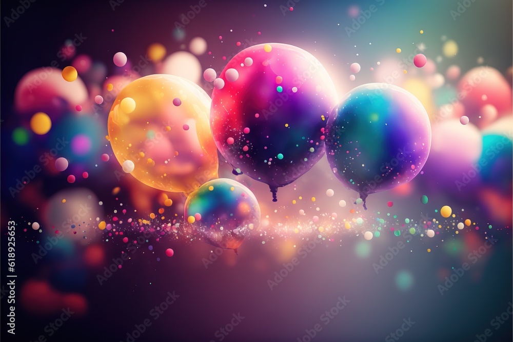 Poster a bunch of balloons floating in the air with bubbles on them and a blurry background with bubbles on