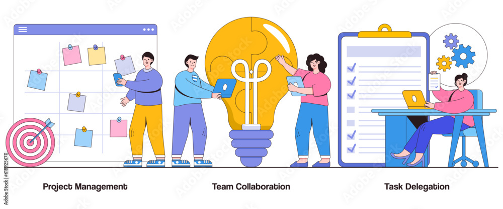 Poster project management, team collaboration, task delegation concept with character. project execution ab