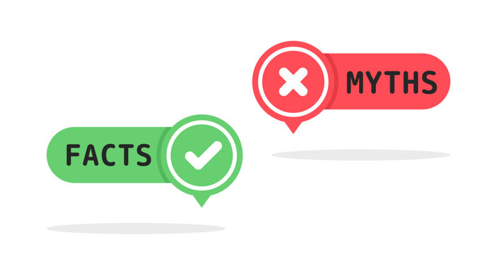 Facts vs Myths. True or false facts banners. Badges for marketing and advertising. Сoncept of cross and checkmark or true or false and yes or no symbol. Vector