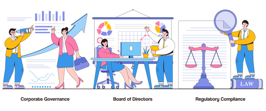 Corporate Governance, Board of Directors, Regulatory Compliance Concept with Character. Corporate Responsibility Abstract Vector Illustration Set. Ethical Practices, Transparency, Legal Framework