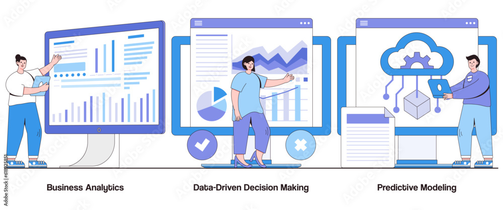 Poster business analytics, data-driven decision making, predictive modeling concept with character. data an