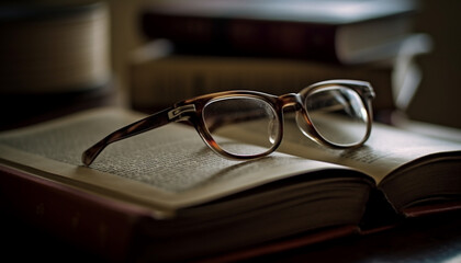 Antique Bible on wooden table, reading glasses nearby generated by AI