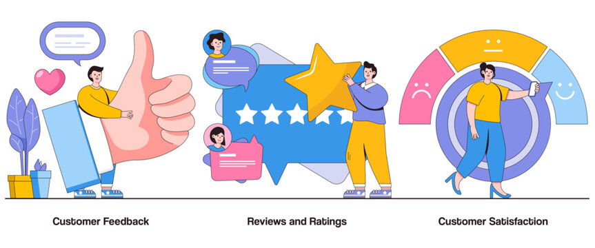 Customer Feedback, Reviews and Ratings, Customer Satisfaction Surveys Concept with Character. Customer Feedback Loop Abstract Vector Illustration Set. Continuous Improvement, Brand Loyalty Metaphor