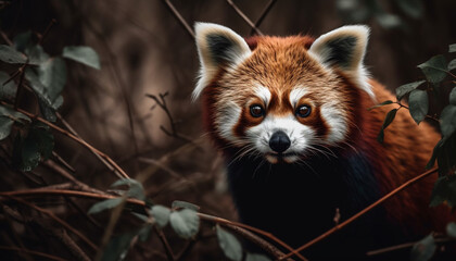 Fototapeta premium Fluffy panda sitting on tree branch, looking cute generated by AI