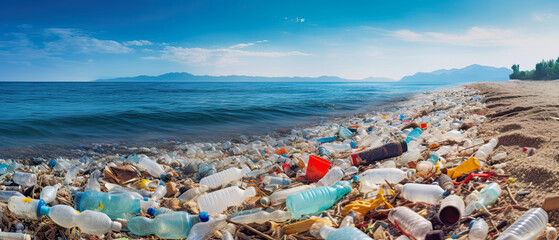 generative AI illustration as concept about plastic garbage landing in sea, bottles on beach - obrazy, fototapety, plakaty