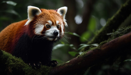 Cute red panda sitting on tree branch generated by AI