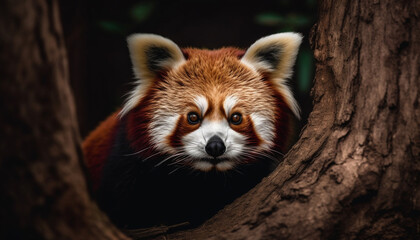 Fototapeta premium Fluffy red panda sitting on tree branch generated by AI