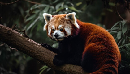 Fototapeta premium Fluffy panda sitting on tree branch looking cute generated by AI
