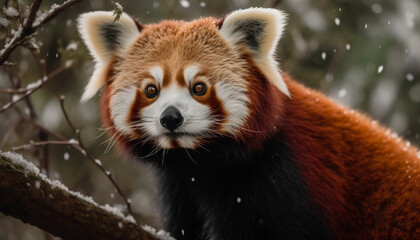 Fototapeta premium Fluffy young panda sitting on wet branch generated by AI