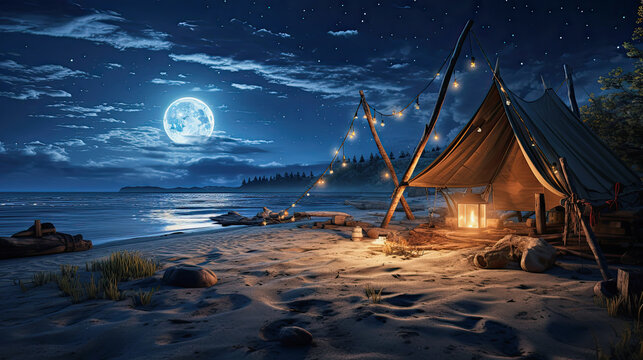 tent standing by ocean in the night during fullmoon, generative ai illustration