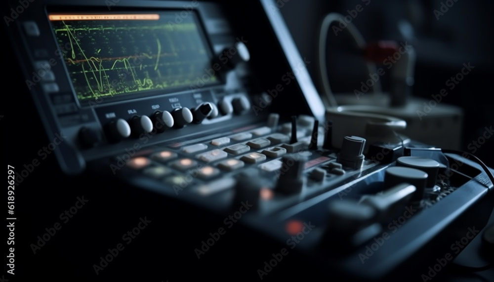 Poster sound engineer adjusts frequency on mixing panel generated by ai
