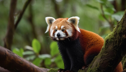 Fluffy panda sitting on tree branch outdoors generated by AI