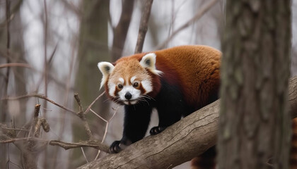 Cute red panda sitting on bamboo branch generated by AI