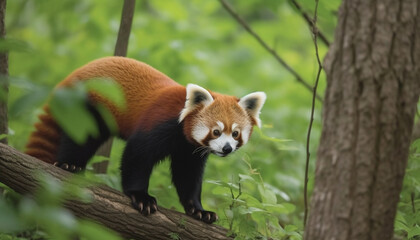 Naklejka premium Cute red panda and lemur eating bamboo generated by AI