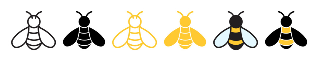 Honey bee vector icon set. Buzz bee line icons. Honeybee vector symbol in black and yellow color. Bee insect sign.  - obrazy, fototapety, plakaty