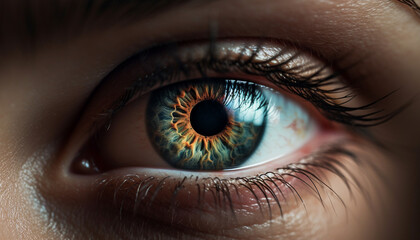 Blue eyed woman staring, beauty in close up generated by AI