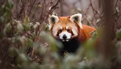 Fototapeta premium Fluffy red fox looking at camera outdoors generated by AI
