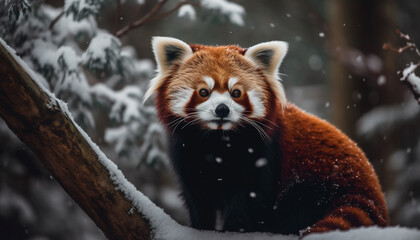 Fototapeta premium Fluffy mammal sitting in snow, looking cute generated by AI