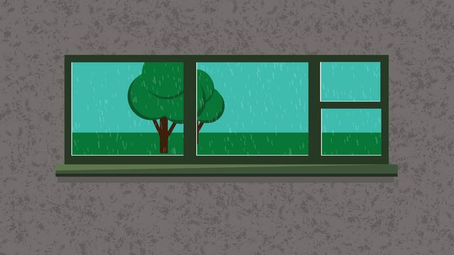 Rainy window animation. Tree outside the window. Flat vector illustration in cartoon style. Green frame