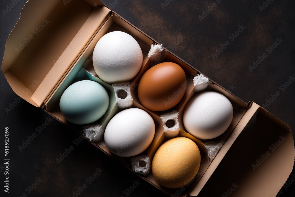 Aufkleber a dozen eggs in a cardboard box on a black table top with a white and brown egg in the middle of the