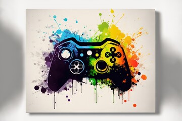 a painting of a video game controller on a white background with a splash of paint on the side of the painting and the controller in the center of the picture is a black and white.
