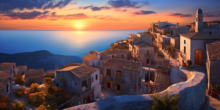 beautiful island with a ancient village, mediterranean landscape with ocean and sunset sky, fictional landscape created with generative ai