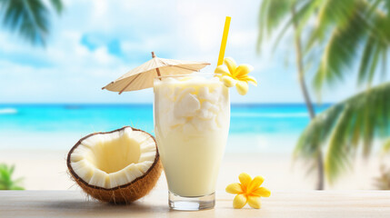 Illustration, AI generation. A glass of Pina Colada, cocktail with pineapple and coconut on a tropical beach.