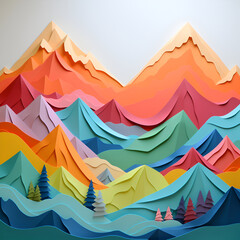 Illustration, AI generation. mountains from colorful 3D paper in minimalist style.