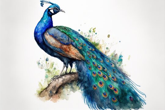 a painting of a peacock sitting on a branch with its tail feathers spread out and it's head turned to the side.