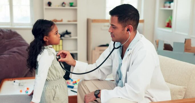 Man, doctor and girl in a consultation, kid and healthcare issue with a checkup, results and conversation. Male person, female child and medical professional with medical exam, career and stethoscope