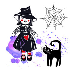 Halloween Witch Doll with Black Cat. Spooky Charm of Halloween. Hand drawn sketch style. Vector illustration. Isolated on purple blobs.