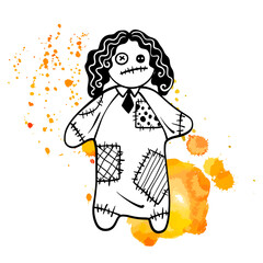 Halloween Voodoo Doll. Spooky Charm of Halloween. Hand drawn sketch style. Vector illustration. Isolated on orange blobs.