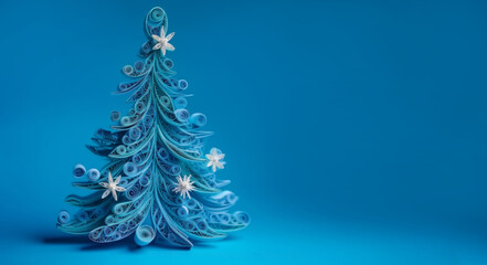 Banner with quilling christmas tree closeup on blue background, top view. Merry Christmas and Happy New Year holiday concept. Generated by AI