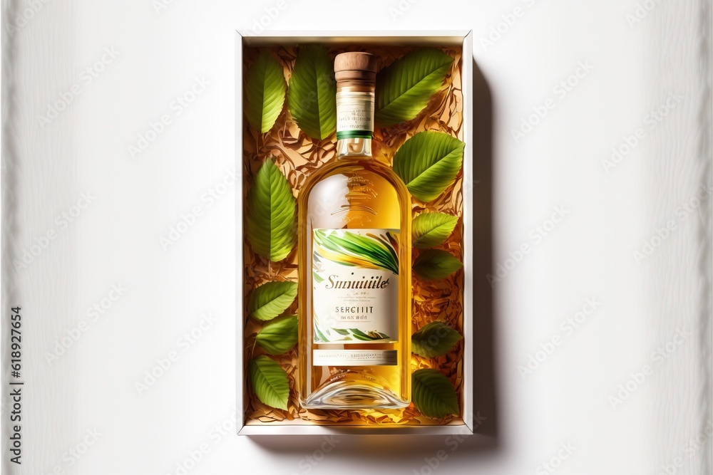 Aufkleber a bottle of wine in a box with leaves on the side of the box and a bottle of wine in the box on the 