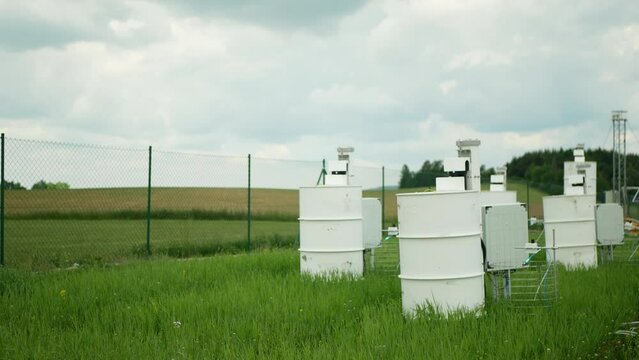 Science scientific measurement respiration wheat common agriculture field Triticum aestivum soil station scientist working technology work earth technological monitoring carbon dioxide oxide oxygen,