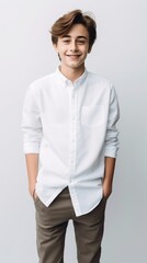 AI generated. shirt mockup. Cute smiling teenager 10 years boy in a white shirt on a clean background