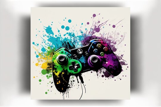 a painting of a video game controller with paint splatters on it's sides and a white background with a white rectangle frame with a black border and a white border with a white border.