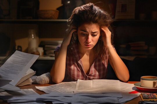 Stressed young woman reviewing her bills, reflecting financial strain during a recession. A poignant representation of personal debt and economic downturn. genrative ai.