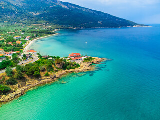 Beach, small village, turquoise water. Kinira Beach, Thassos, Greece