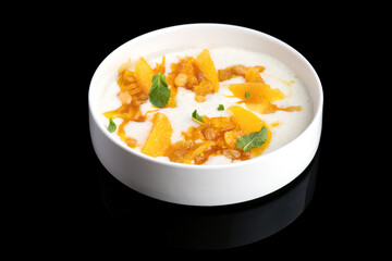 Sweet homemade peach yogurt with pieces in a white plate
