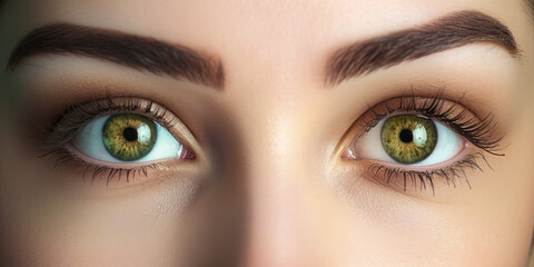 Naklejka premium Young beautiful woman with green eyes, closeup detail to her face, both iris visible. Generative AI