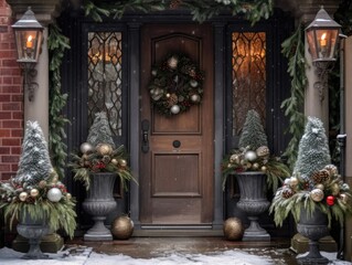 Obraz premium Generative AI illustration of entrance door decorated with Christmas wreath red bows and baubles in winter time