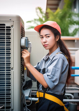 Young woman technician working on air conditioning outdoor unit. Female HVAC worker professional occupation. Generative AI