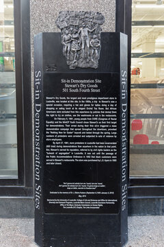 Louisville, Kentucky - Sept. 10, 2021: Sit in Demonstration Site marker at Stewart's Dry Goods. Stewart's was chosen by young people from CORE and the NAACP as their first target for demonstrations.