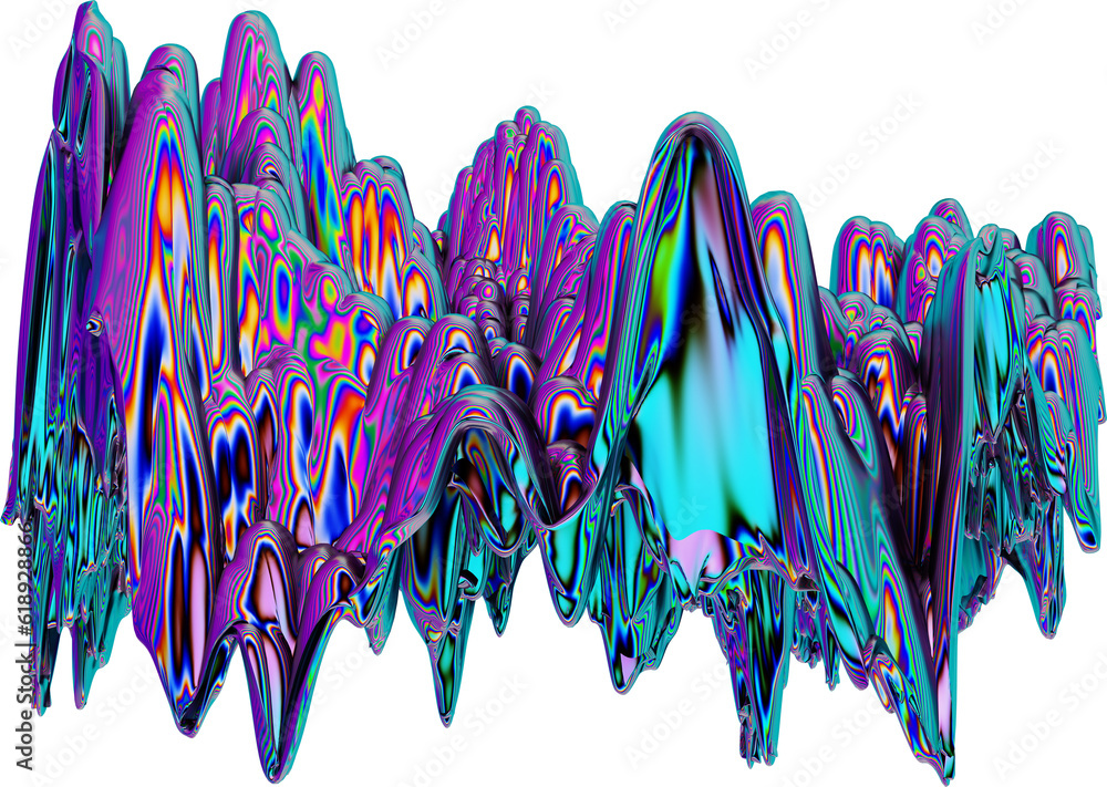 Poster dripping colorful abstract metal shapes isolated on a transparent background