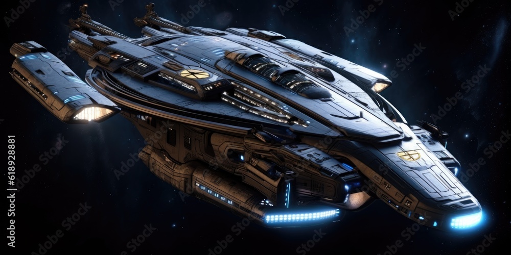 Poster the advanced and futuristic exploratory science carrier spaceship. generative ai aig27.