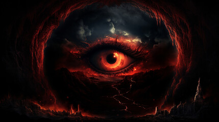 Giant scary eye in the sky in horror style. High quality illustration