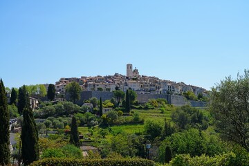 Panoramic view of Saint-Paul-de-Vence, a medieval town on the French Riviera in the Alpes-Maritimes department in the Provence-Alpes-Côte d'Azur region of France